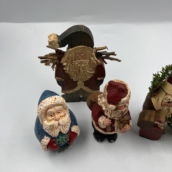 Vintage Lot 5 Christmas Santa Claus Figurines Primitive Old World Wooden Plush - Picture 4 of 14